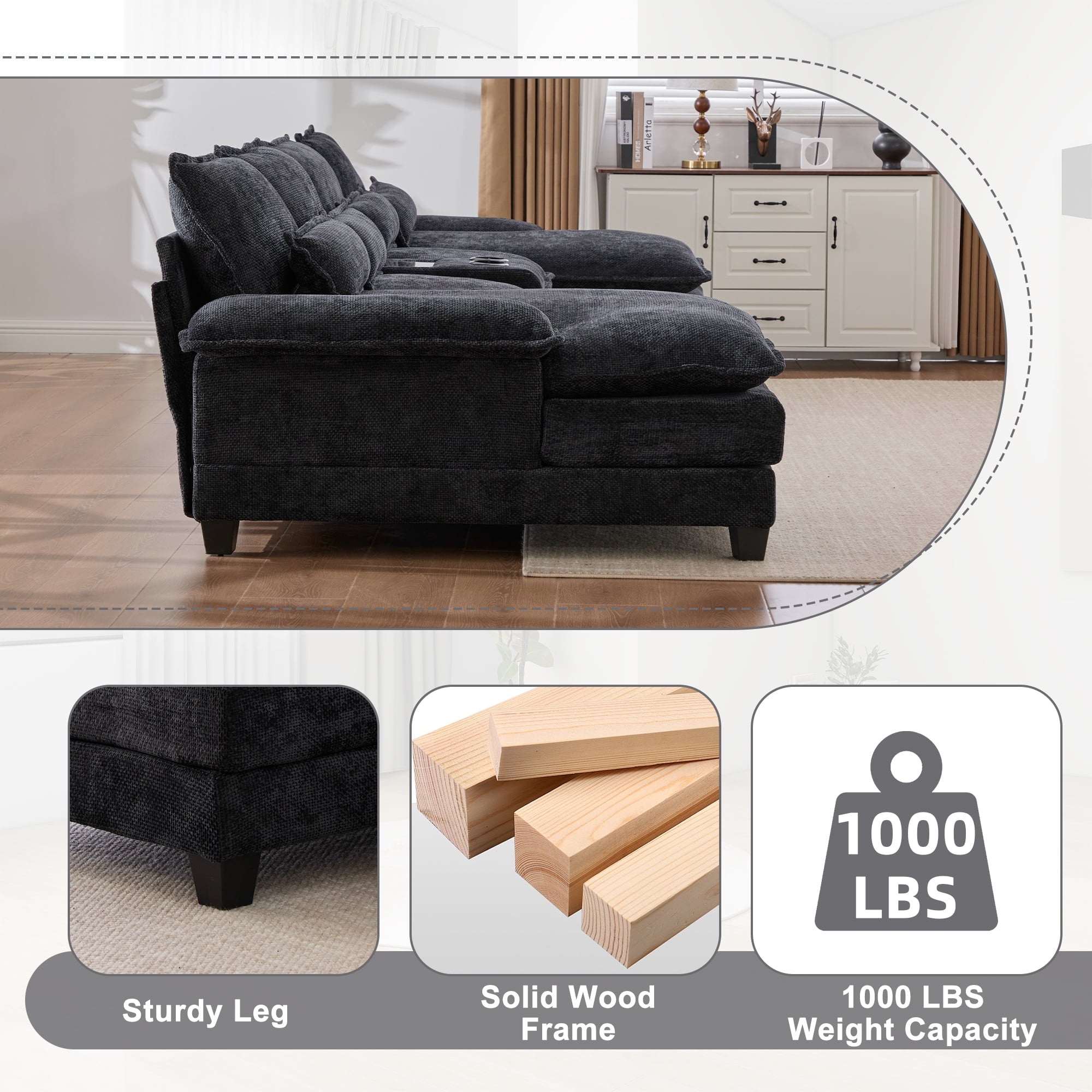 Villeston 126.77 U-Shaped Cloud Sofa With Chaise Lounge, Chenille Sofa With Wireless Charging, Bluetooth Speaker, Two Cup Holders, Storage Drawer, Suitable For Living Room,Gray