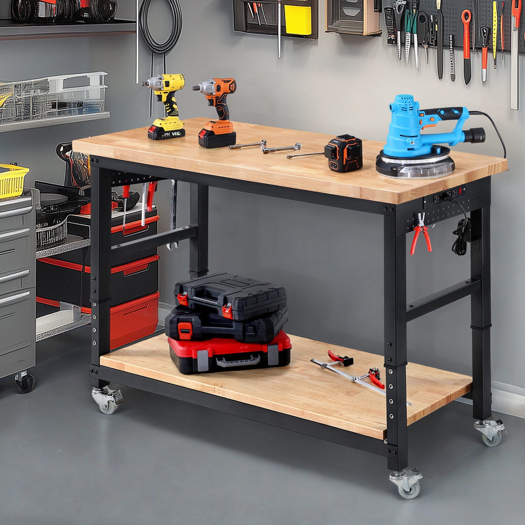 Workbench for Garage,ENJOYWOOD Heavy Duty 48 inch 2 Tier Wood Work Bench with Rolling Wheels and Power Outlets,Rubber Wood Tabletop,2000 LBS Load Bearing Workstation Garage Desk Table Worktable