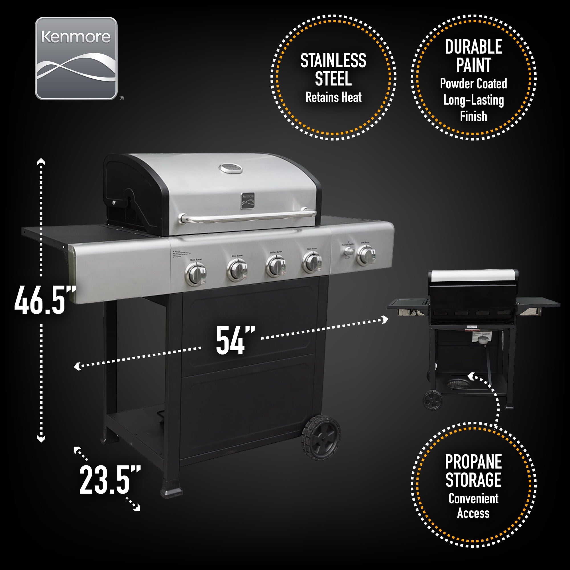 Kenmore 4-Burner Outdoor Propane Gas Grill with Side Burner, Open Cart, Stainless Steel