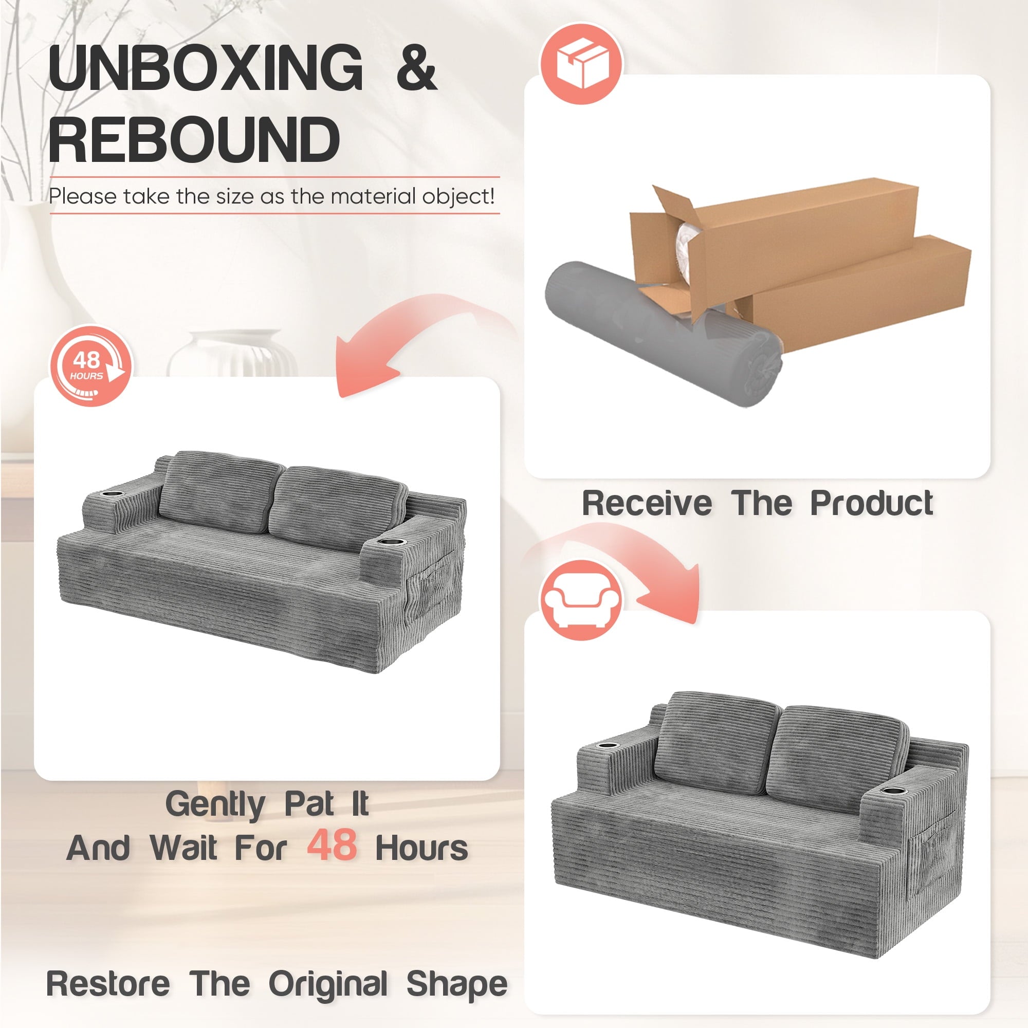 Homall Cloud Boneless Corduroy Sofa Loveseat Double-seater Couch Lounge Floor Chair for Bedroom,Gray