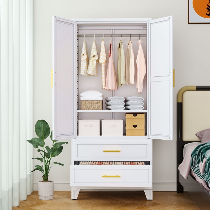 Ero Metal Freestanding Armoire Wardrobe Closet with Hanging Rod and Mirror