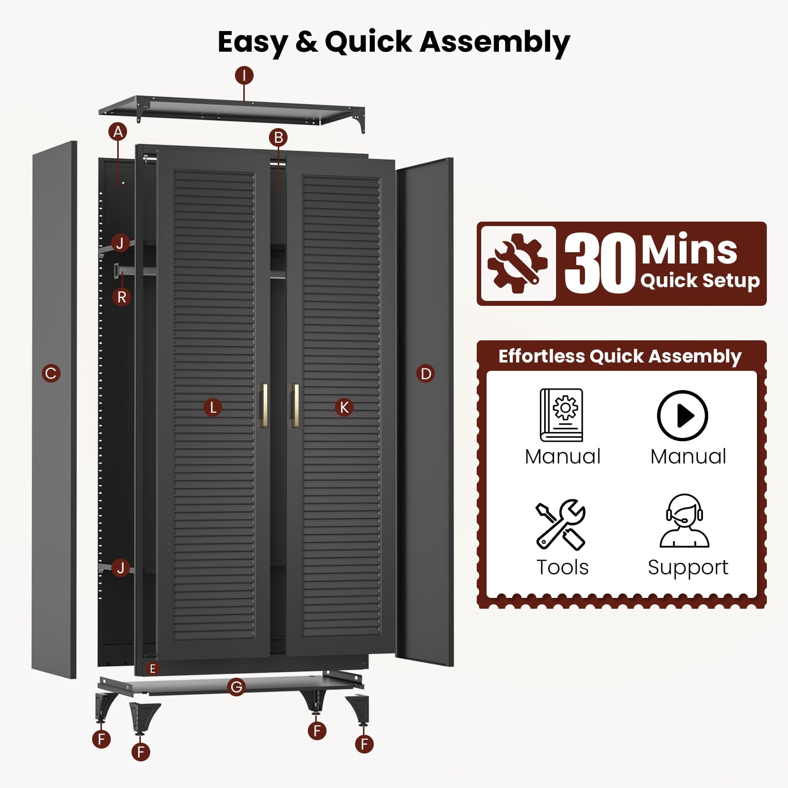 Polup 71 H Modern Metal Sturdy Armoire Cabinet with Shelves and Hanging Rod, Adult Bedroom Wardrobe Closet with Doors