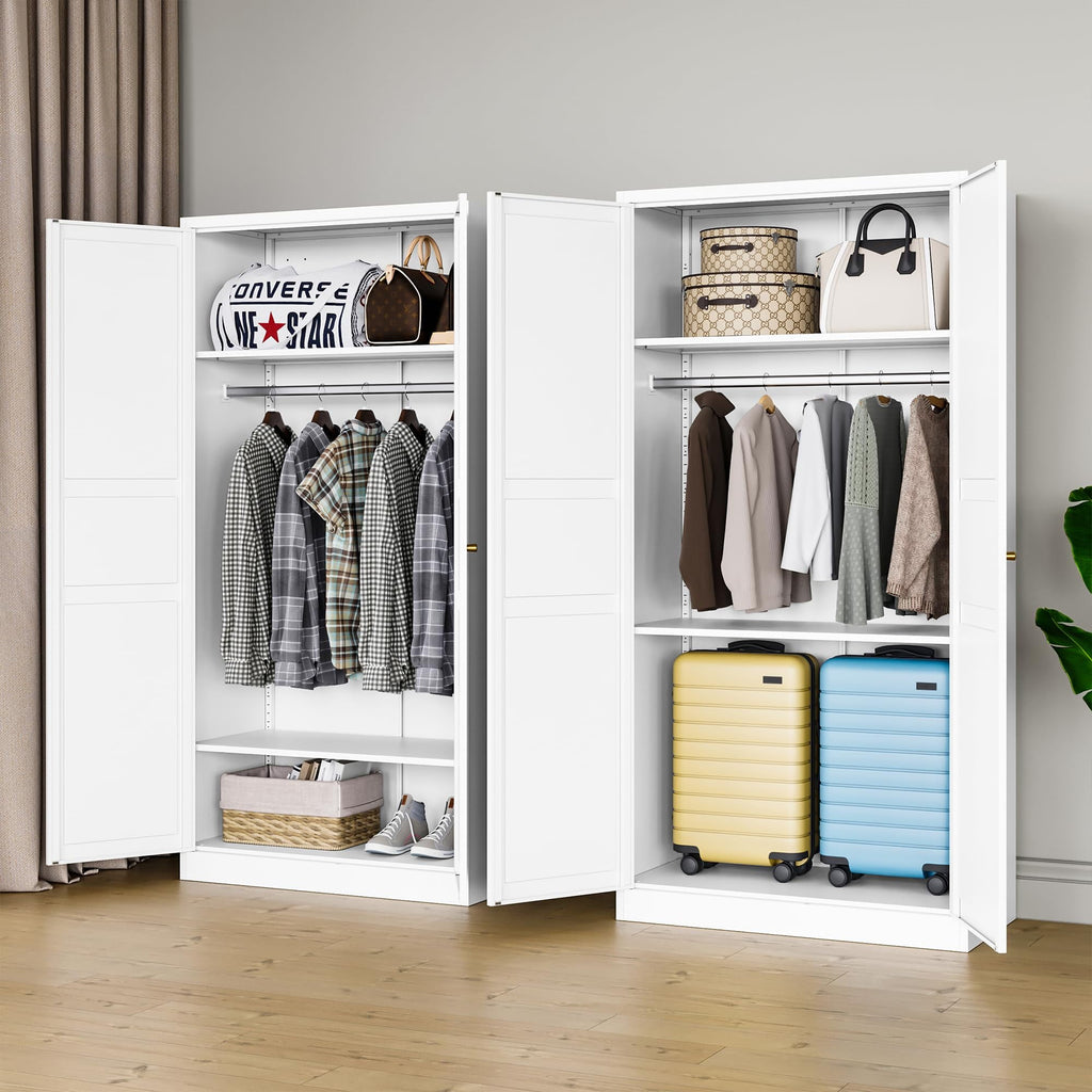 STANI Metal Wardrobe Closet with Hanging Rod, 72 White Armoire Wardrobe Cabinet with Adjustable Shelves, Clothes Storage Organizer Cabinets for Bedroom, Bathroom, Office