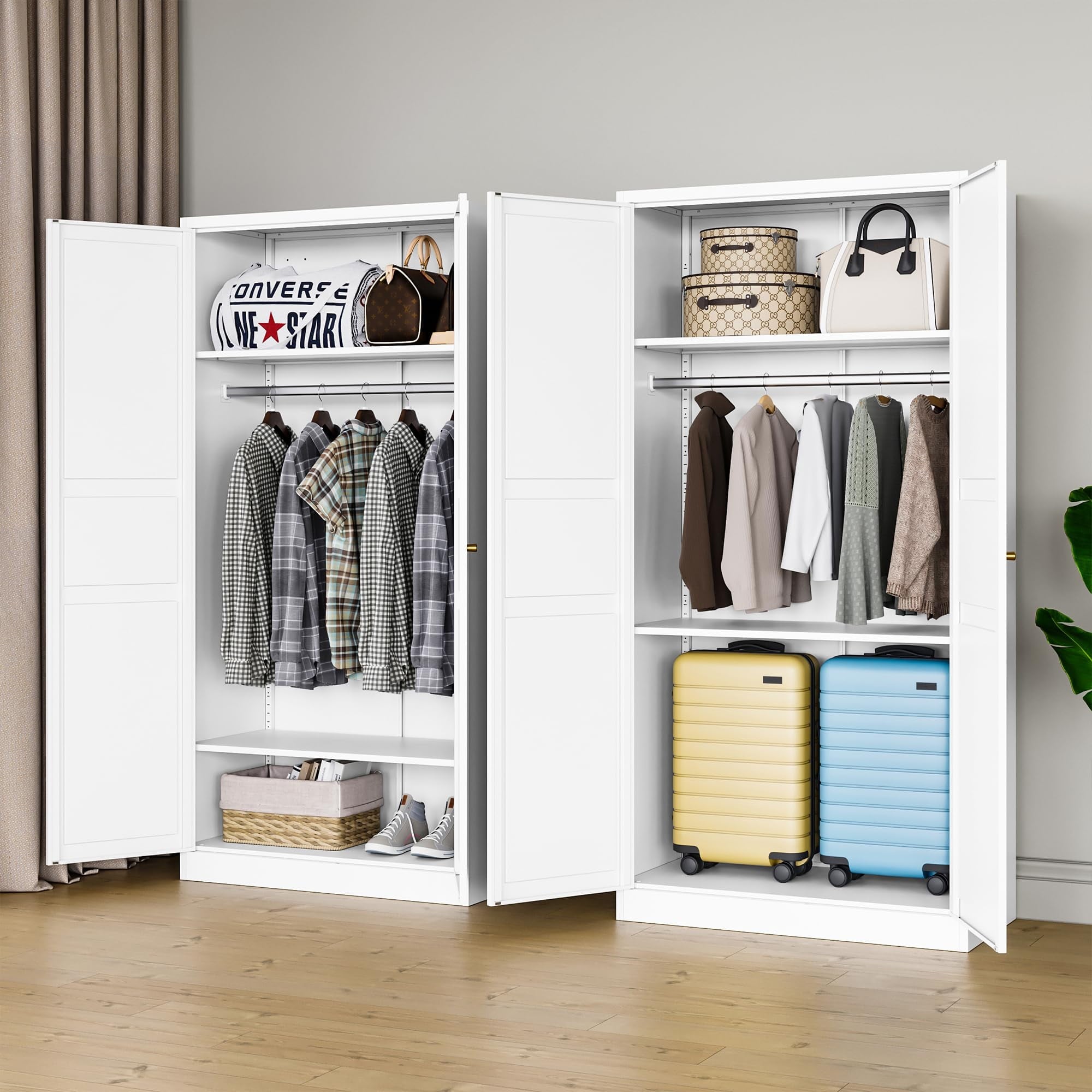 STANI Metal Wardrobe Closet with Hanging Rod, 72 White Armoire Wardrobe Cabinet with Adjustable Shelves, Clothes Storage Organizer Cabinets for Bedroom, Bathroom, Office