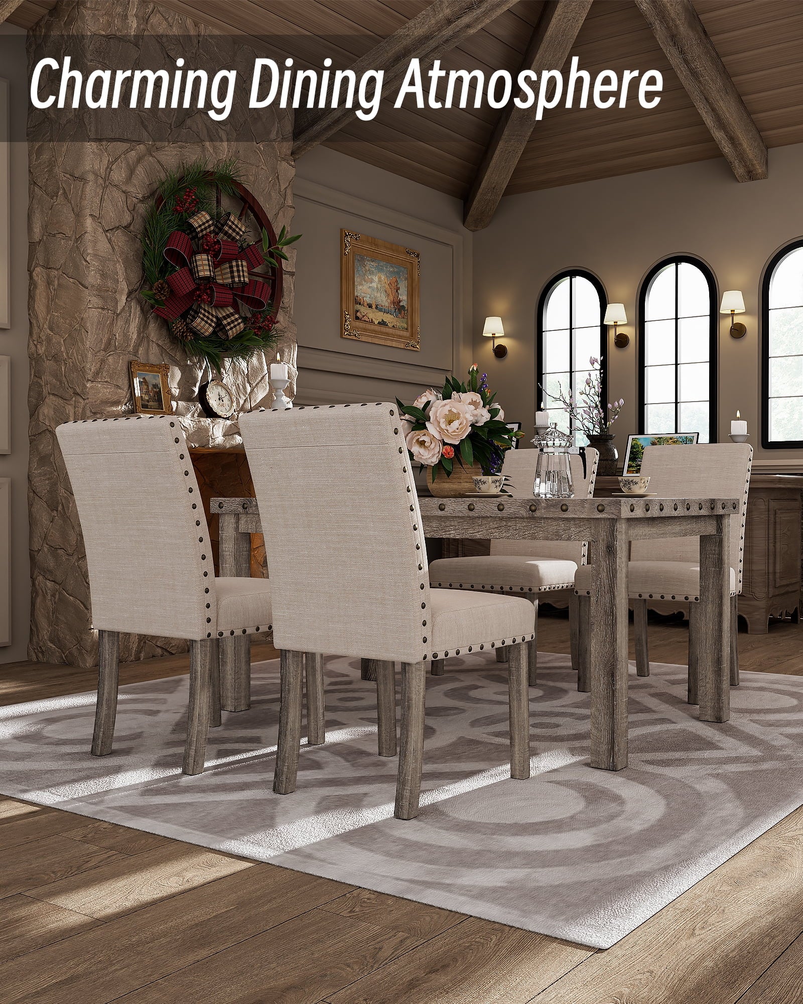 Morden Fort Farmhouse Dining Table Set for 4, Country Style Kitchen Table w/ 4 Upholstered Chairs, Rustic Vintage Dining Set for Family Meals