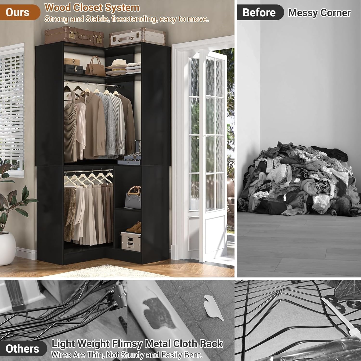 Homieasy 34 W Corner Closet System with Hanging Rods, White