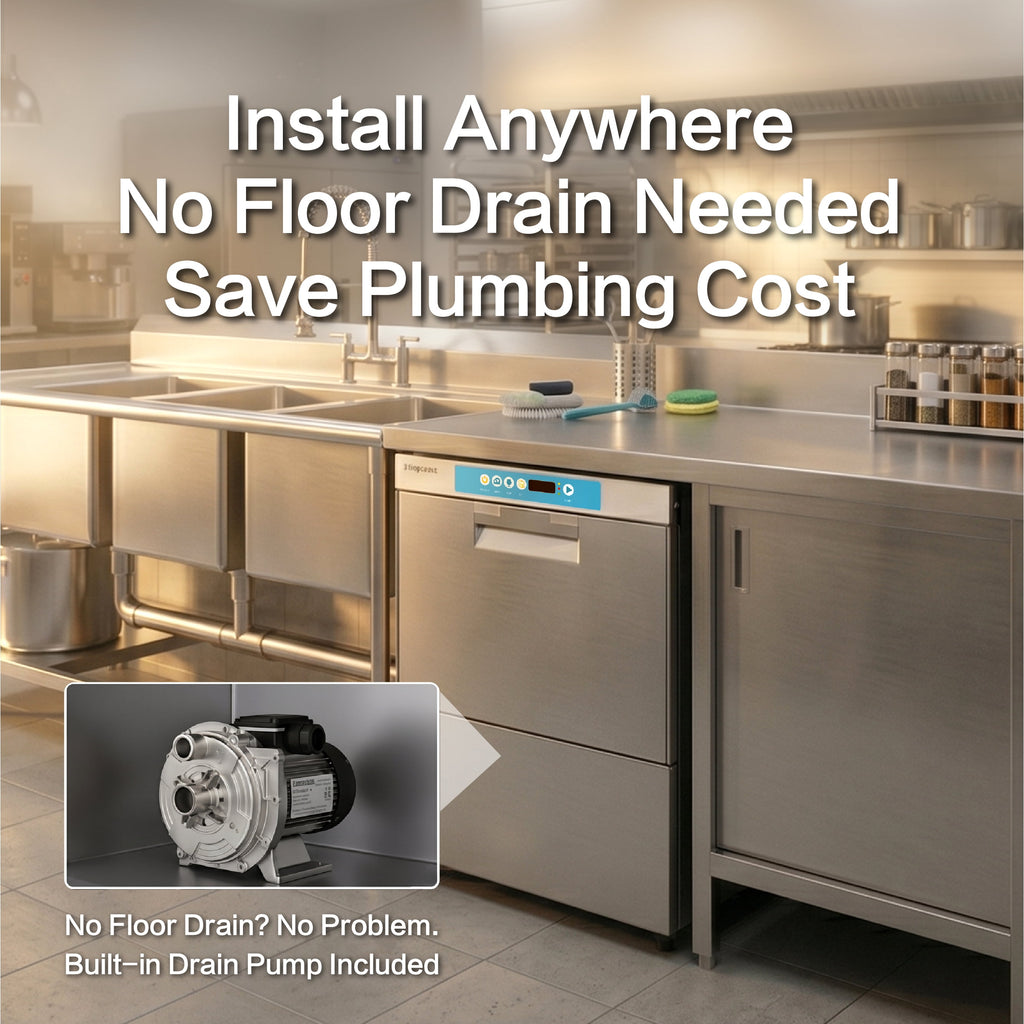 Commercial-Grade Dishwasher/Glasswasher with Plug, Built-in Booster & Drain Pump, Built-in Detergent & Rinse Aid Pumps, Up to 40 Racks/Hr, 208~240V