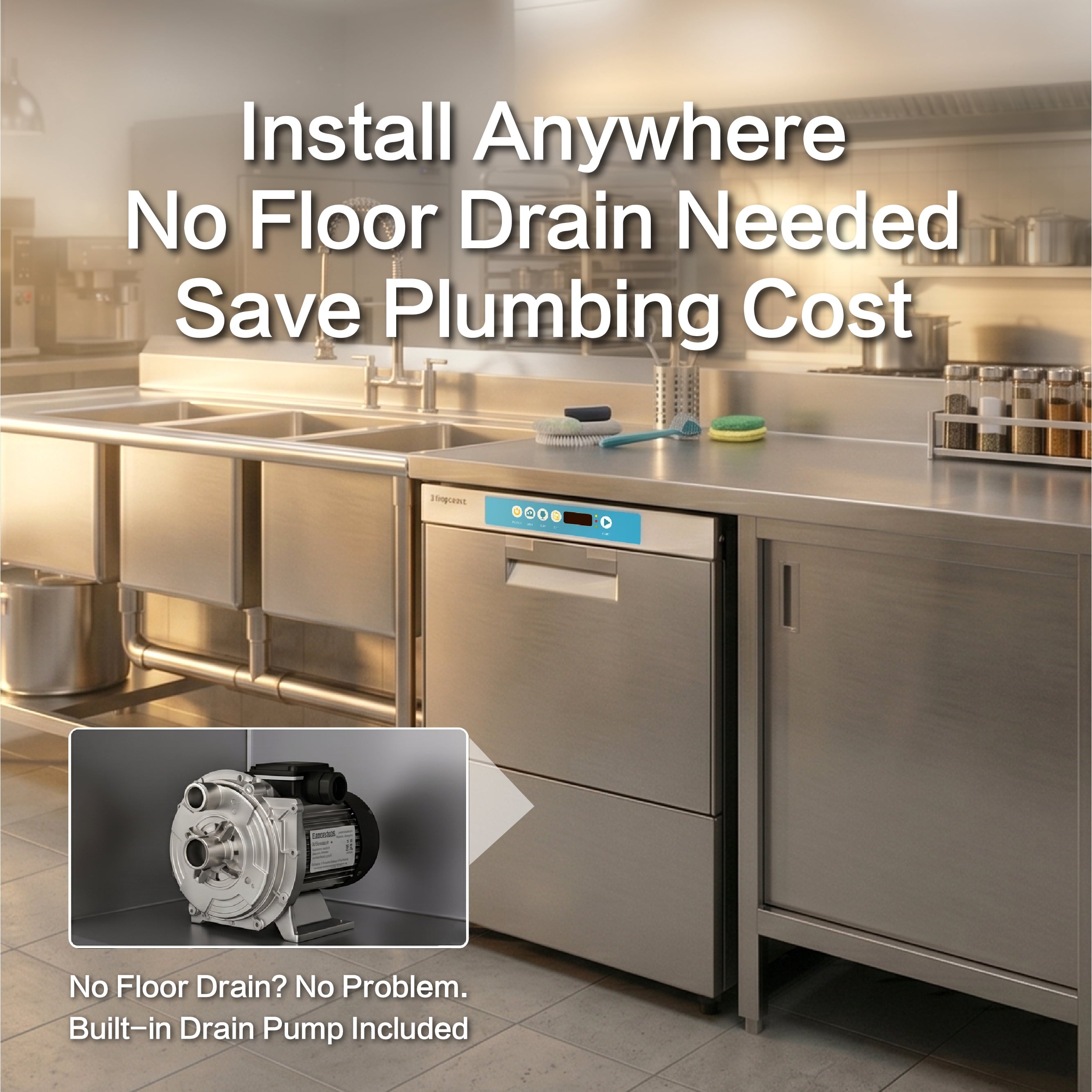 Commercial-Grade Dishwasher/Glasswasher with Plug, Built-in Booster & Drain Pump, Built-in Detergent & Rinse Aid Pumps, Up to 40 Racks/Hr, 208~240V