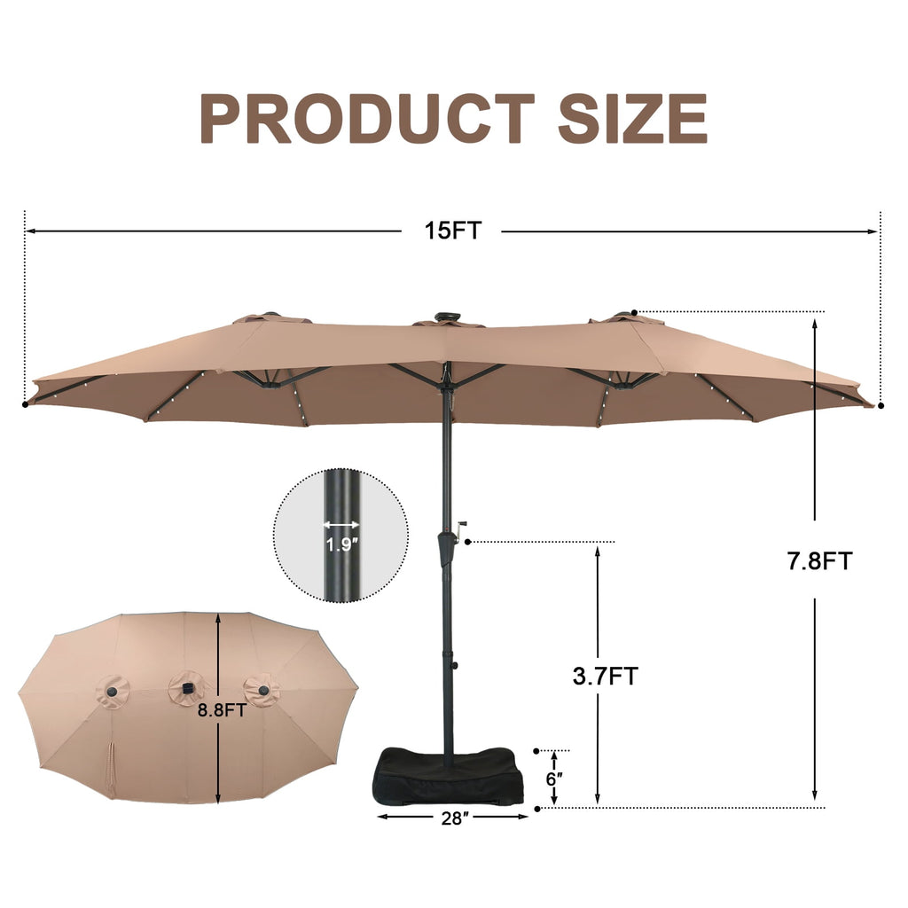 Ainfox 15ft Large Patio Umbrella with Solar Lights, Double-Sided Outdoor Rectangle Table Umbrellas with Sand Bag Base，Beige