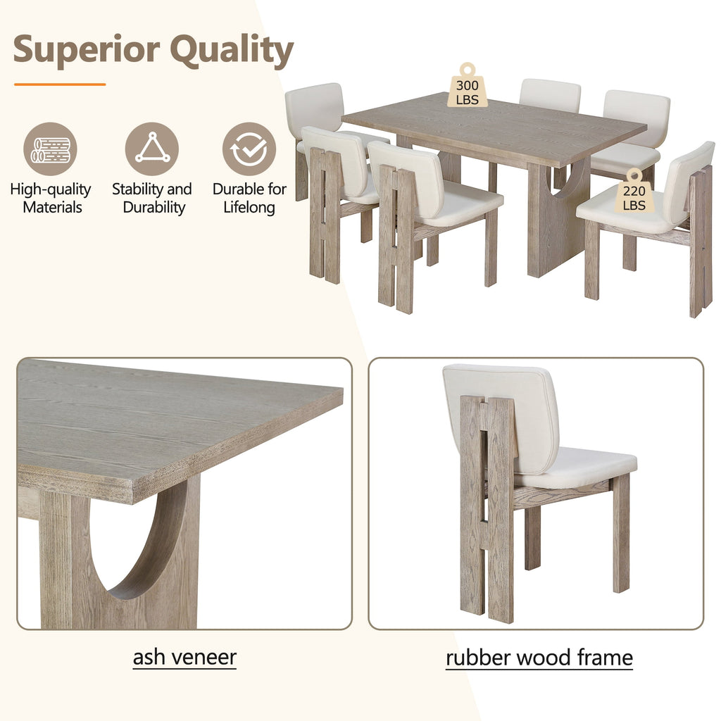 Harper & Bright Designs 7 Pieces Retro Dining Set for 6, Wood Rectangular Table with Designed Trestle Base and 6 Upholstered Chairs for Dining Room and Kitchen, Grey