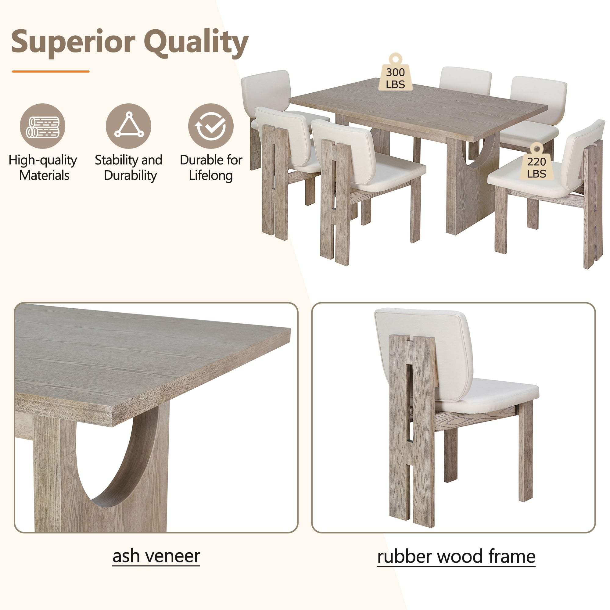 Harper & Bright Designs 7 Pieces Retro Dining Set for 6, Wood Rectangular Table with Designed Trestle Base and 6 Upholstered Chairs for Dining Room and Kitchen, Grey
