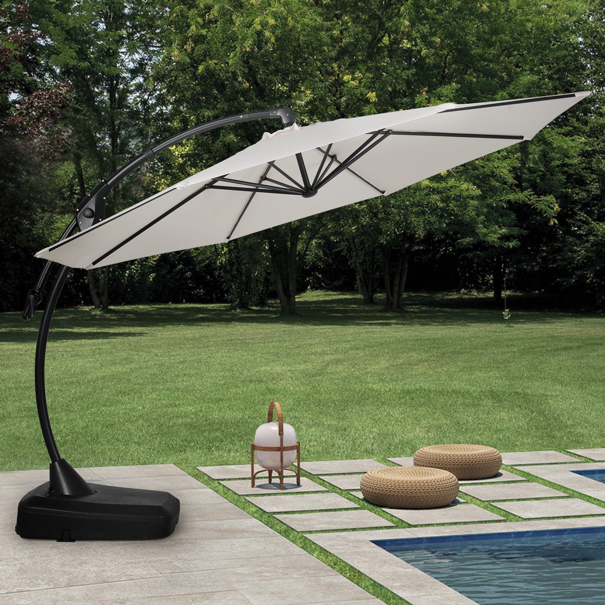 GRANDPATIO 12 Ft Outdoor Umbrella with Base, Large Aluminum Cantilever Offset Umbrella for Patio Pool, Black & White
