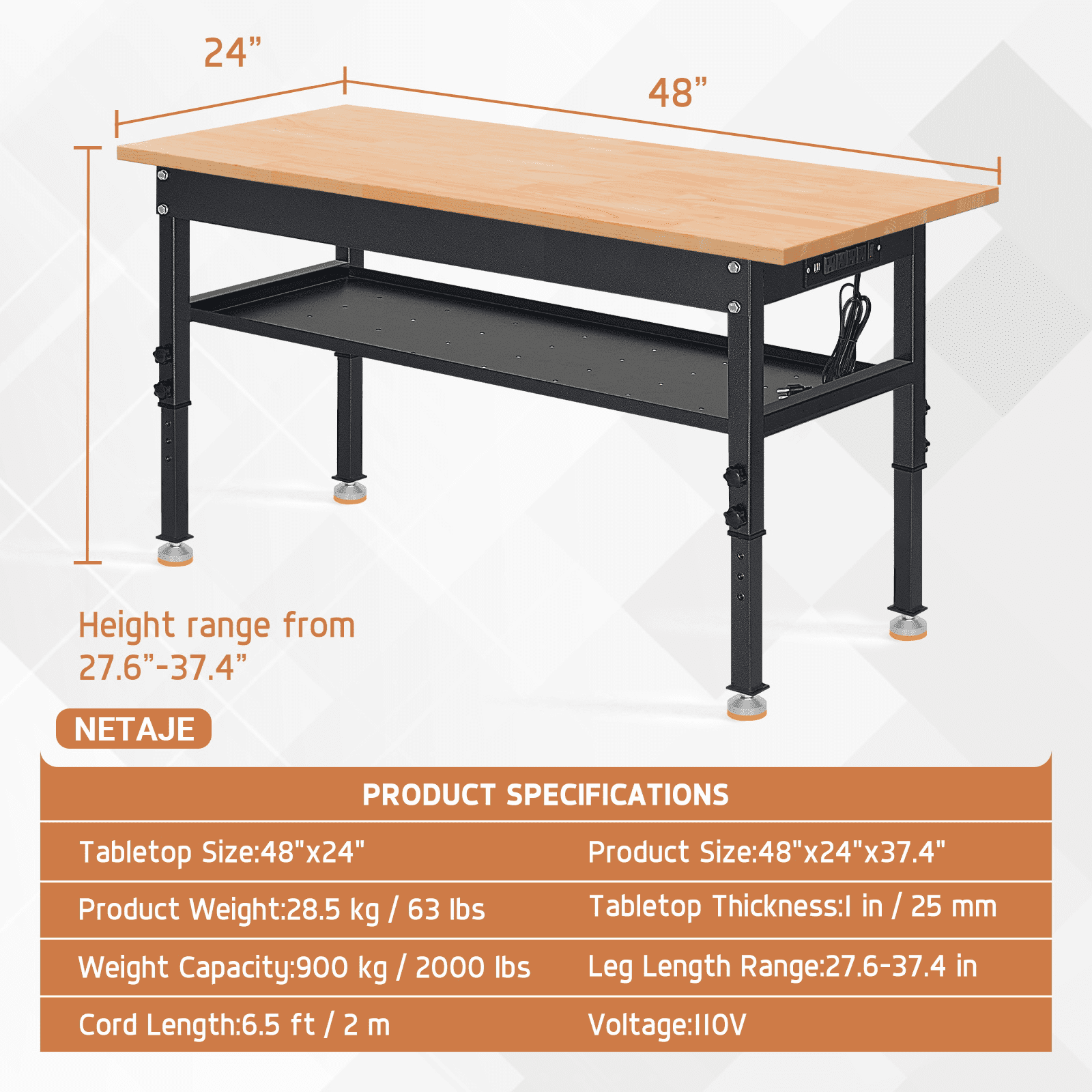 NETAJE 60 Heavy-Duty Work Bench Adjustable Workbench Work Table 2000 lb Load Capacity w/ Power Outlets for Garage, Workshop, Workstation