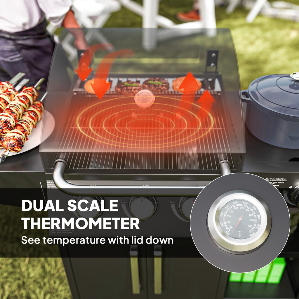 Outsunny 3 Burner Gas Grill with Side Burner, 9.5 KW Output, 310 Sq. in. Cooking Area, Cabinet Style Propane BBQ Grill with Shelves, Black