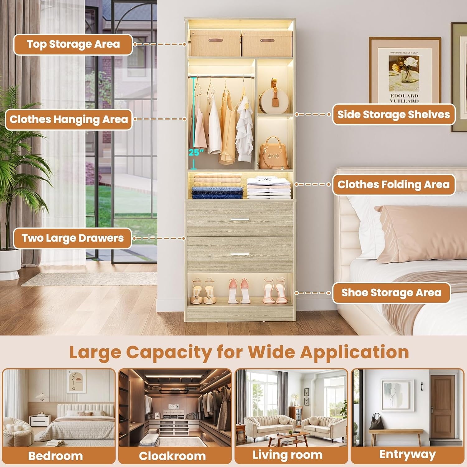 Homieasy Freestanding 24 Closet System with 2 Wood Drawers, 2FT Small Closet Organizer System with 6 Shelves & Hanging Rod, Walk-in Closet Systems for Small Closets, White