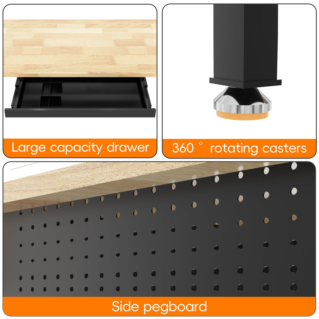 Joywind 60 Heavy-Duty Adjustable Workbench with Locking Wheels, Power Strip & Pegboard – Rubber Wood Work Table for Garage, Workshop, Home Office