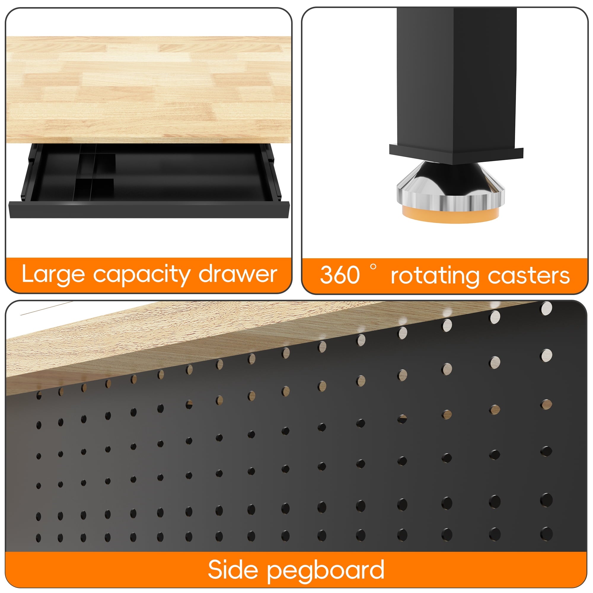 Joywind 60 Heavy-Duty Adjustable Workbench with Locking Wheels, Power Strip & Pegboard – Rubber Wood Work Table for Garage, Workshop, Home Office