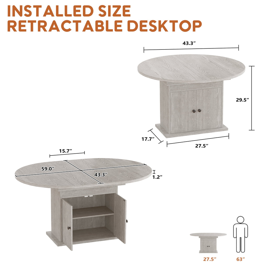 WARAYZ 43.3–59in Extendable Dining Table, Wood Expandable Design with Hidden Storage, Rectangular Space-Saving Dark Brown