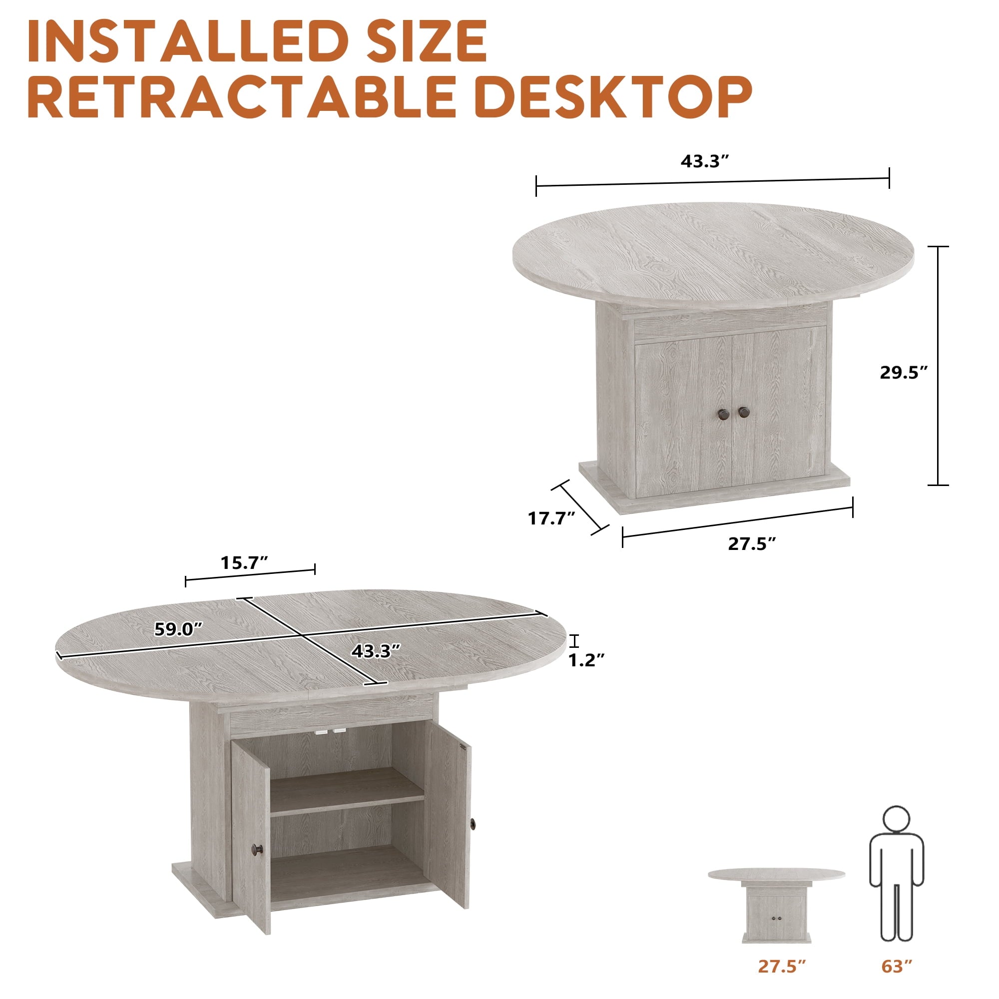 WARAYZ 43.3–59in Extendable Dining Table, Wood Expandable Design with Hidden Storage, Rectangular Space-Saving Dark Brown