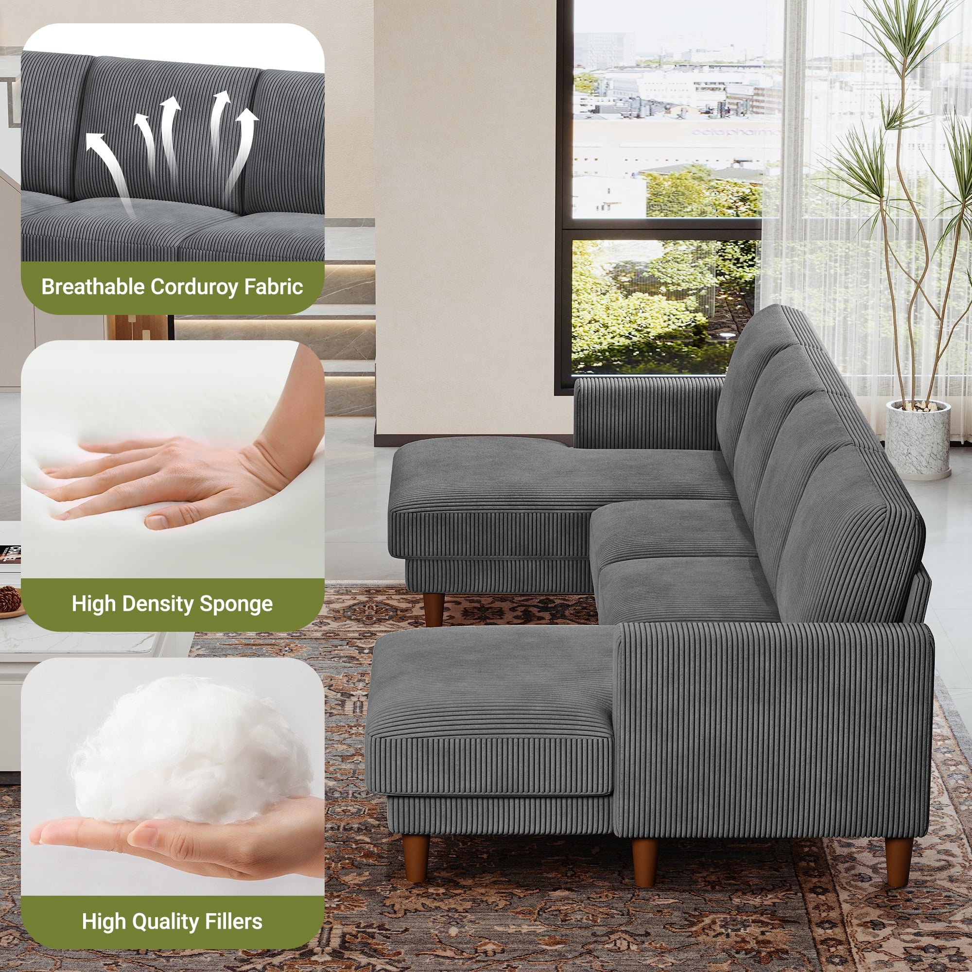 87 Corduroy Sofa,3 Seater Sofa with Extra Deep Seats,Neche Comfy Upholstered Couch for Living Room,2 Pillows,Green