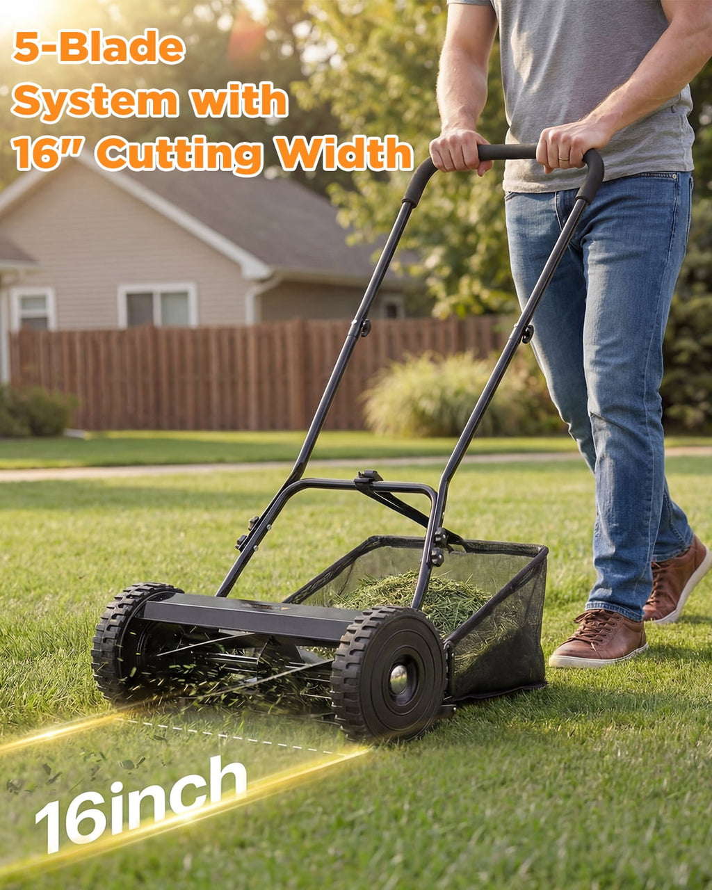 JFHID 14-Inch Manual Push Reel Lawn Mower,5-Blade Design