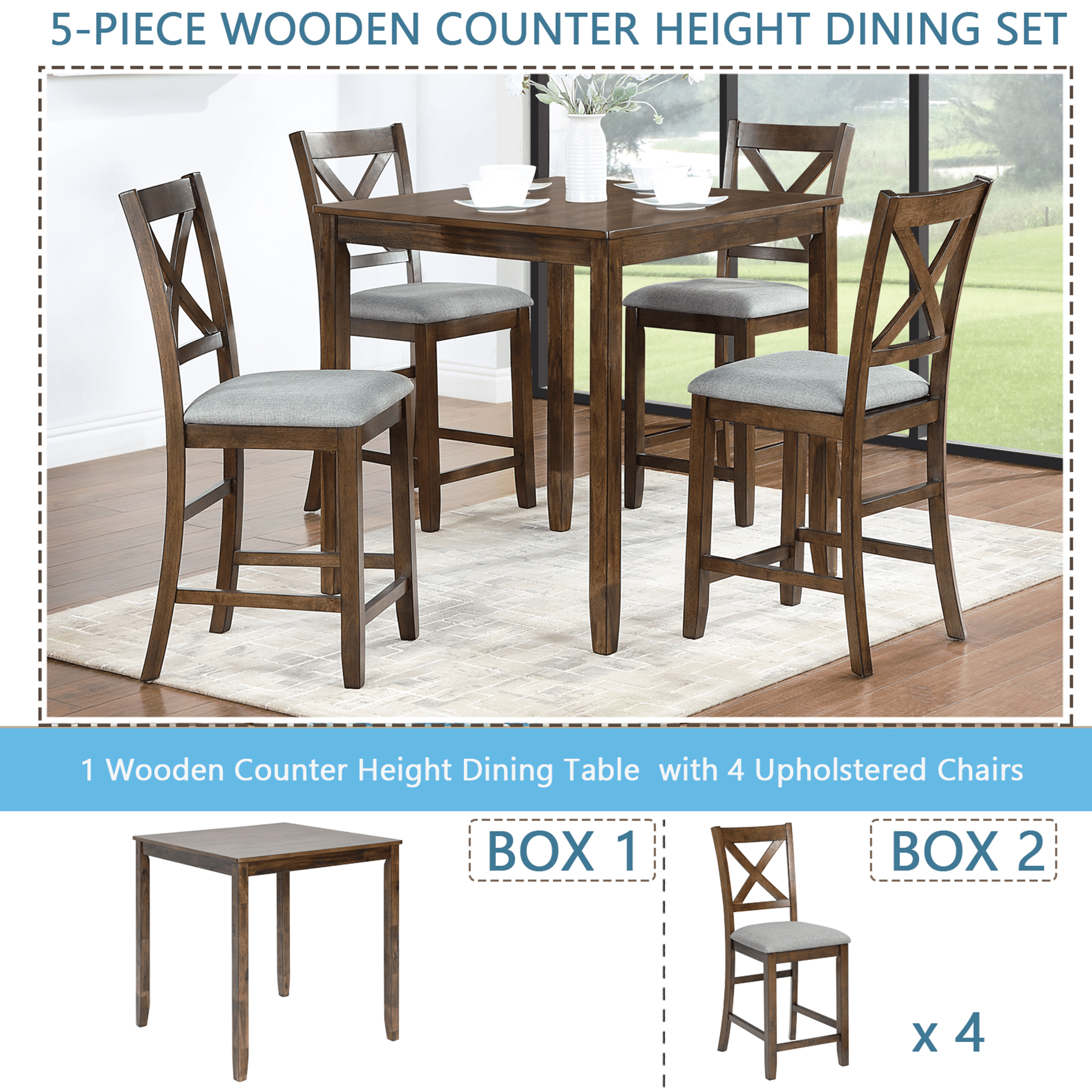 SESSLIFE Dining Table Set for 4, Counter Height Kitchen Table Set with Square Table and 4 Upholstered Chairs, Solid Wood Dining Room Set for 4, Space-Saving, Black & Oak