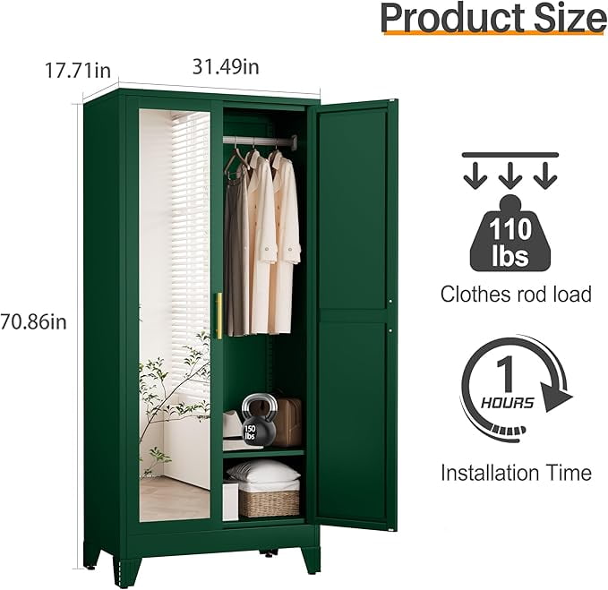 Ero Metal Freestanding Armoire Wardrobe Closet with Hanging Rod and Mirror