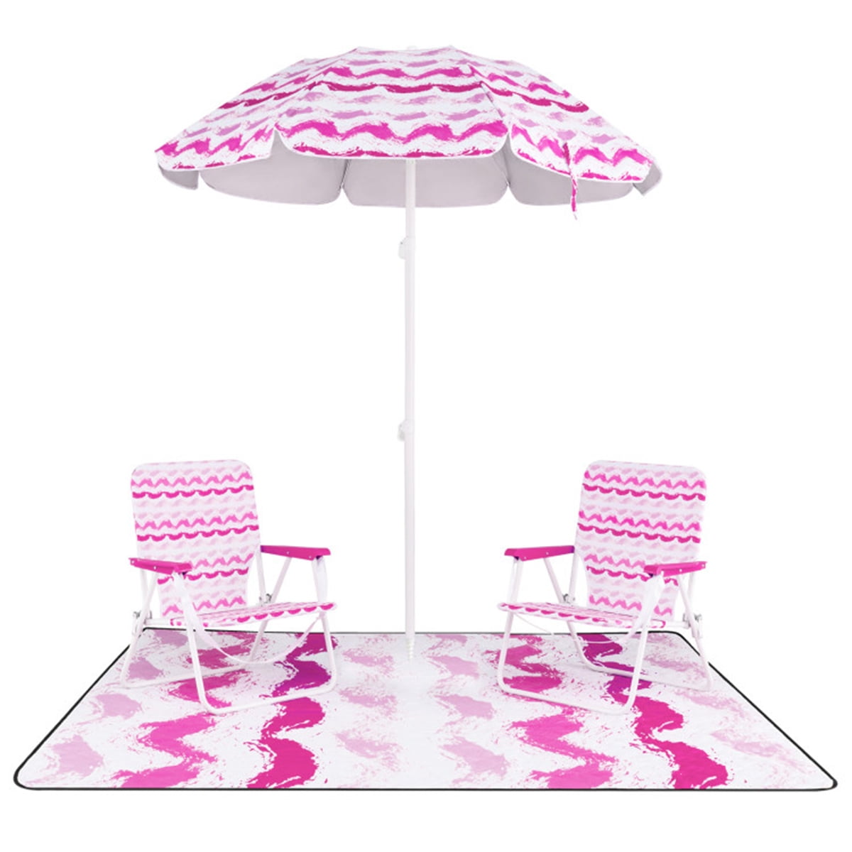 Portable Beach Set 4-Piece Pink – Sun-Proof Umbrella 2 Comfortable Folding Chairs & Large Waterproof Picnic Blanket