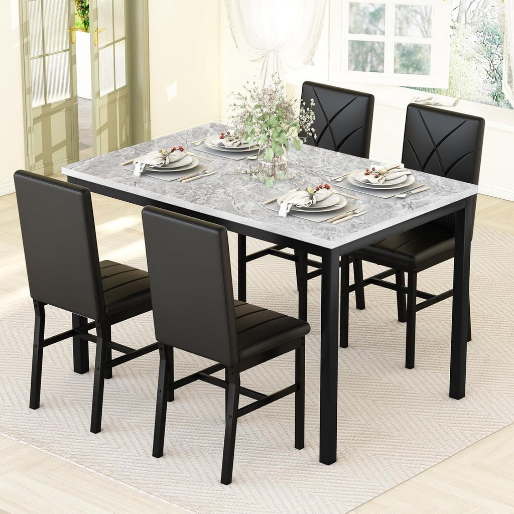MOOSENG Dining Table Set for 4, Faux Marble Kitchen Table and Chairs Set of 4, 5-Piece Dining Room Set with PU Leather Upholstered Chairs for Small Space, Gray