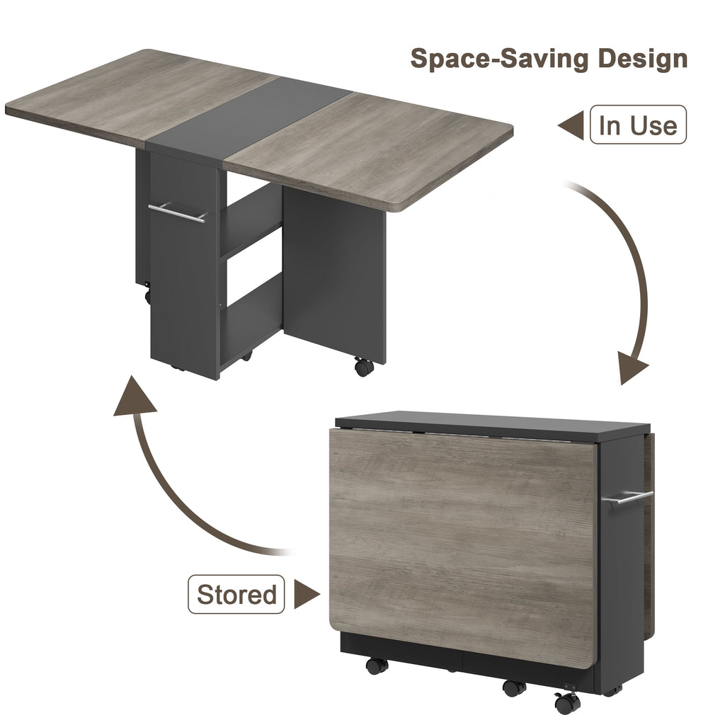 Folding Dining Table with 2 Tier Storage, Extendable Kitchen Table, Drop Leaf Table, Rectangle Dining Room Tables Set for 4, Space Saving Collapsible Expandable Dinner Kitchen Office Furniture