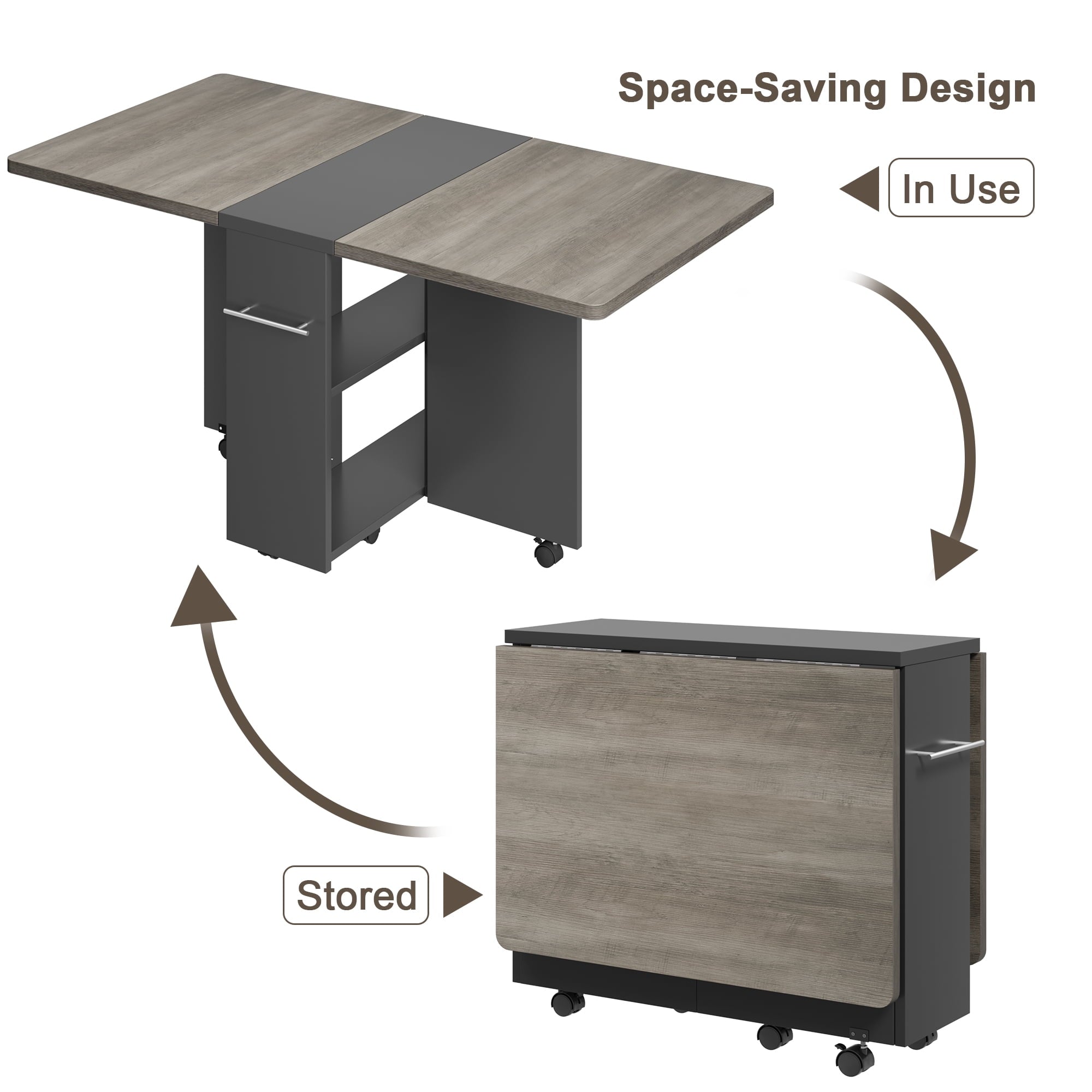 Folding Dining Table with 2 Tier Storage, Extendable Kitchen Table, Drop Leaf Table, Rectangle Dining Room Tables Set for 4, Space Saving Collapsible Expandable Dinner Kitchen Office Furniture