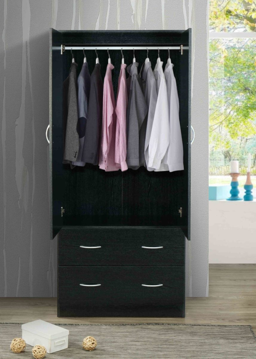 Hodedah Two Door Wardrobe with Two Drawers and Hanging Rod plus Mirror, Black