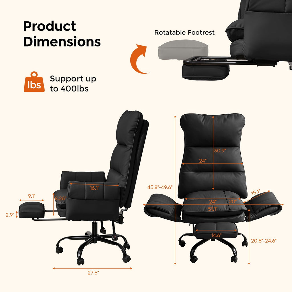 Patbrela Big and Tall Office Chair, PU Leather Swivel Desk Chair Ergonomic Computer Chairs with Adjustable Armrests, Black