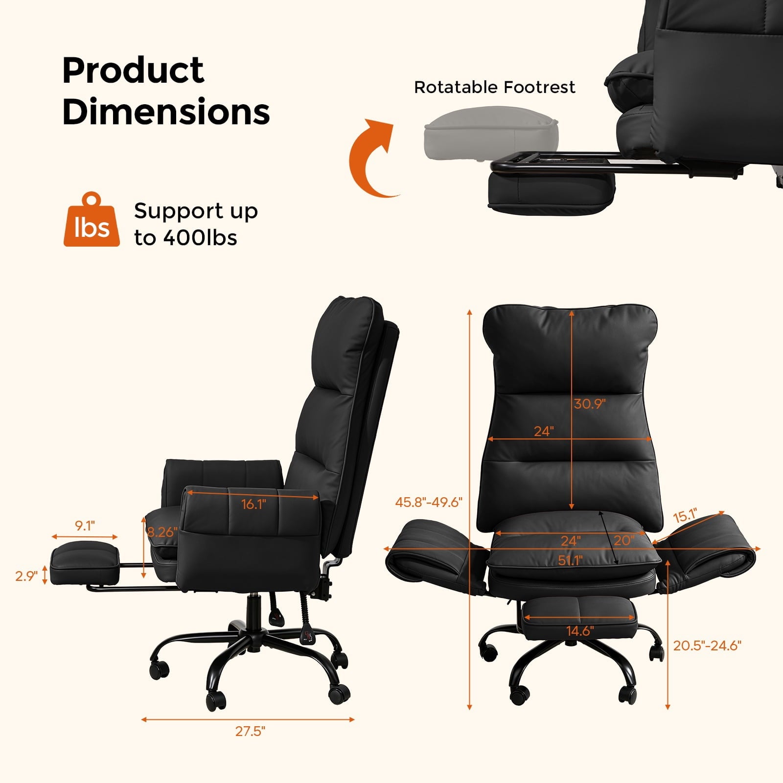 Patbrela Big and Tall Office Chair, PU Leather Swivel Desk Chair Ergonomic Computer Chairs with Adjustable Armrests, Black