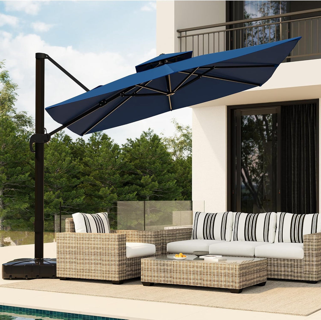 SOLLED 10x10 FT Outdoor Umbrella with Base, Cantilever Patio Umbrella 360° Rotation Adjustable Height, Square Sun Shade for Pool Garden Backyard,Blue