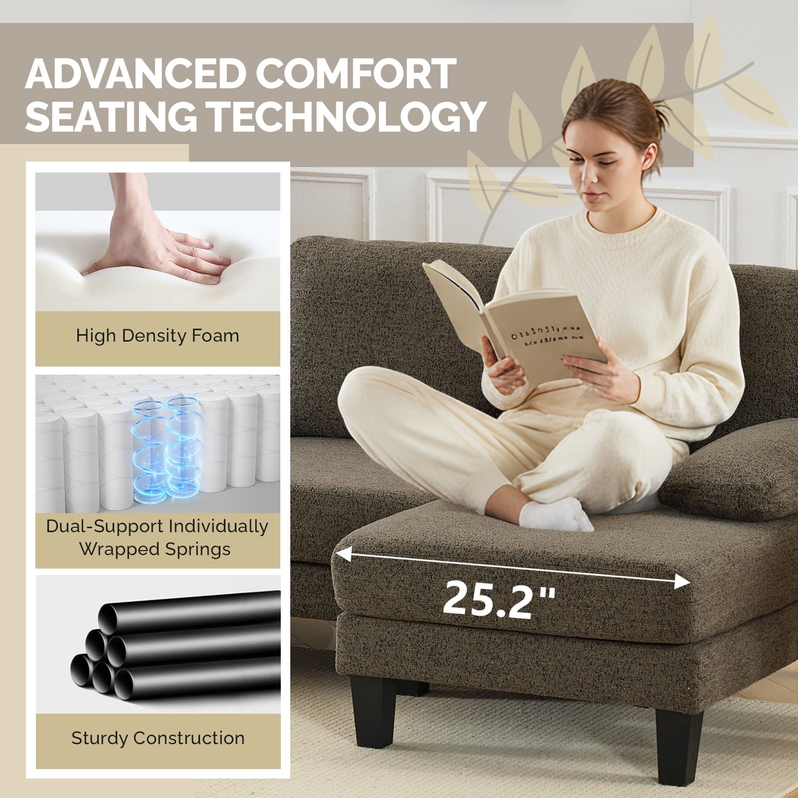 Ktaxon U-Shaped Sectional Sofa Set with Chaise, 4-Seater Blended Chenille Couch for Living Room, Apartment, Easy Assembly Khaki