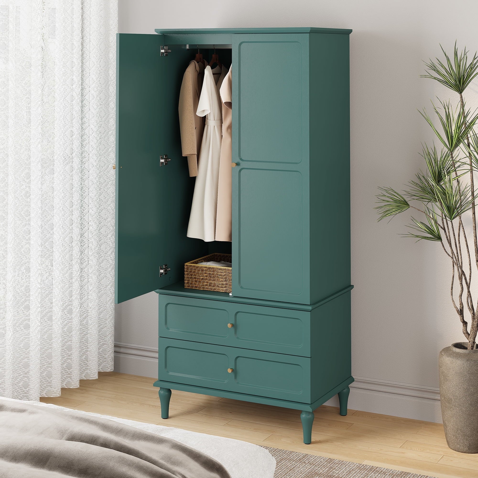 HLR 71 Tall Modern Wood Armoire Wardrobe Closet, Freestanding Cabinet with Hanging Rod for Bedroom, Brown