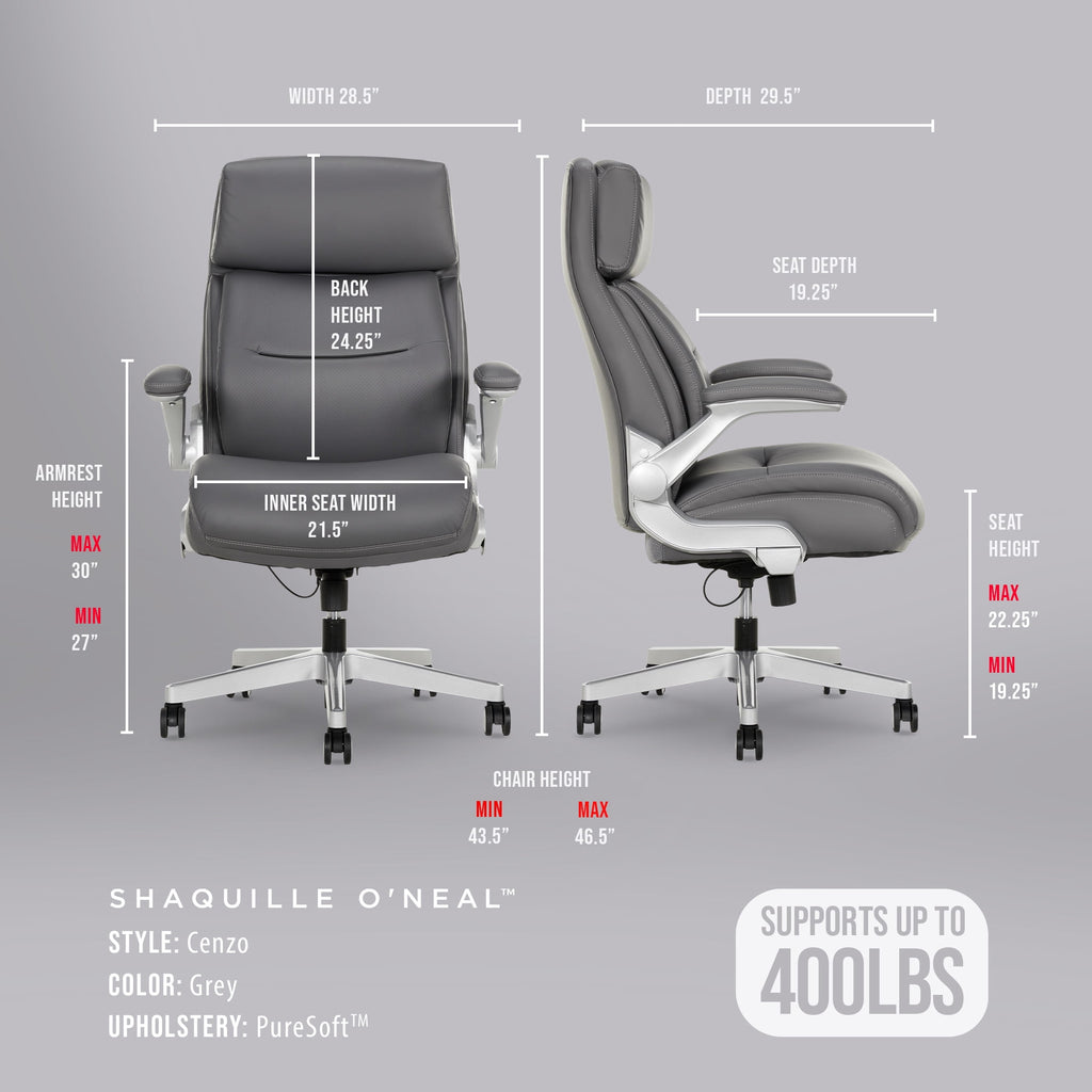 Shaquille O'Neal Cenzo Ergonomic Big and Tall Office Chair ,Flip-Up Arms PureSoft Upholstery High-Back Desk Chair with 400 lb Capacity, Black