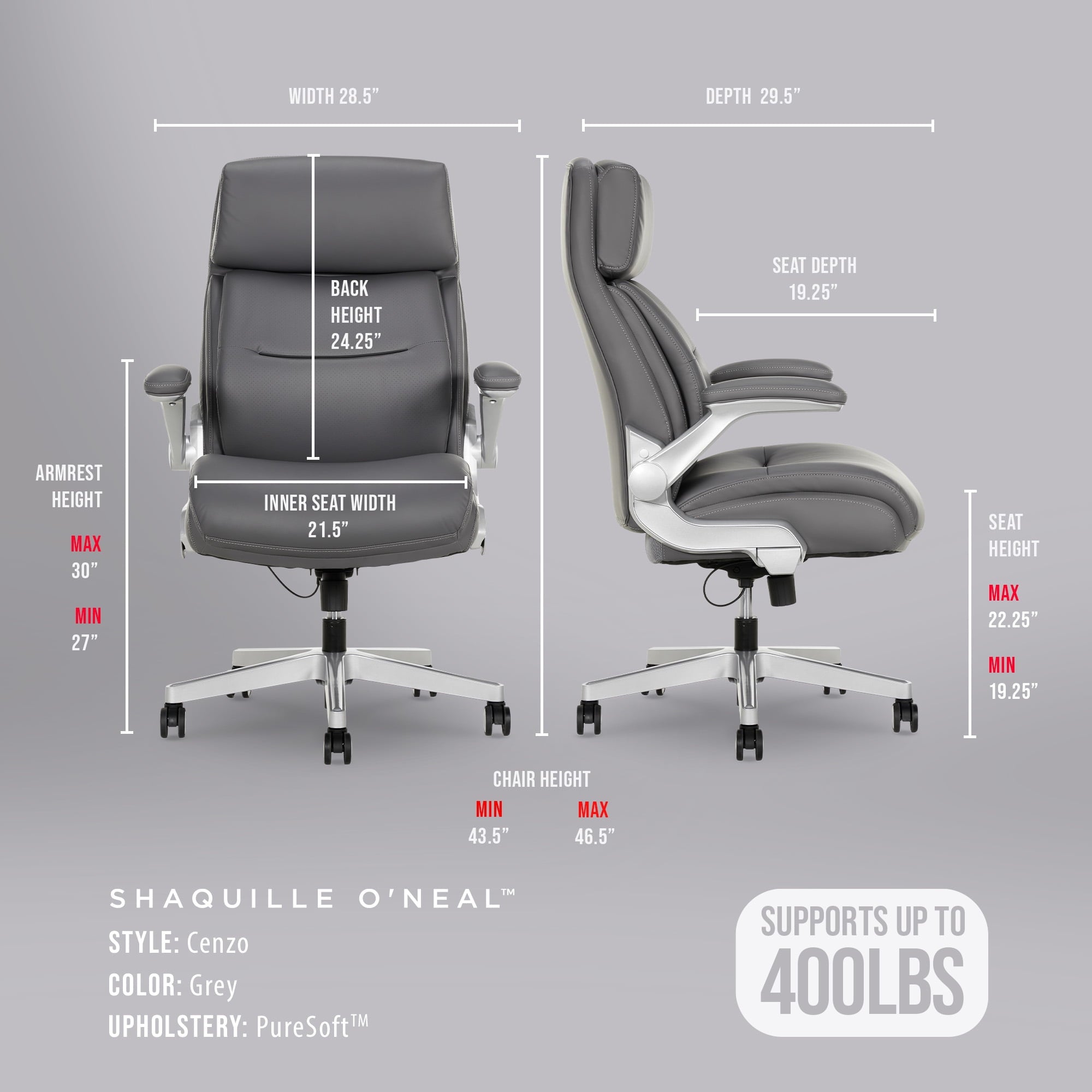 Shaquille O'Neal Cenzo Ergonomic Big and Tall Office Chair ,Flip-Up Arms PureSoft Upholstery High-Back Desk Chair with 400 lb Capacity, Black
