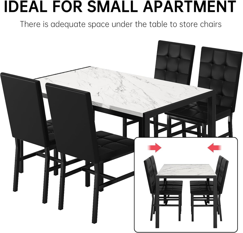 LinkRomat 5-Piece Faux Marble Dining Table Set for 4, Modern Kitchen Table with Chairs, Dinette Dining Room Furniture Set for Compact Space Saving