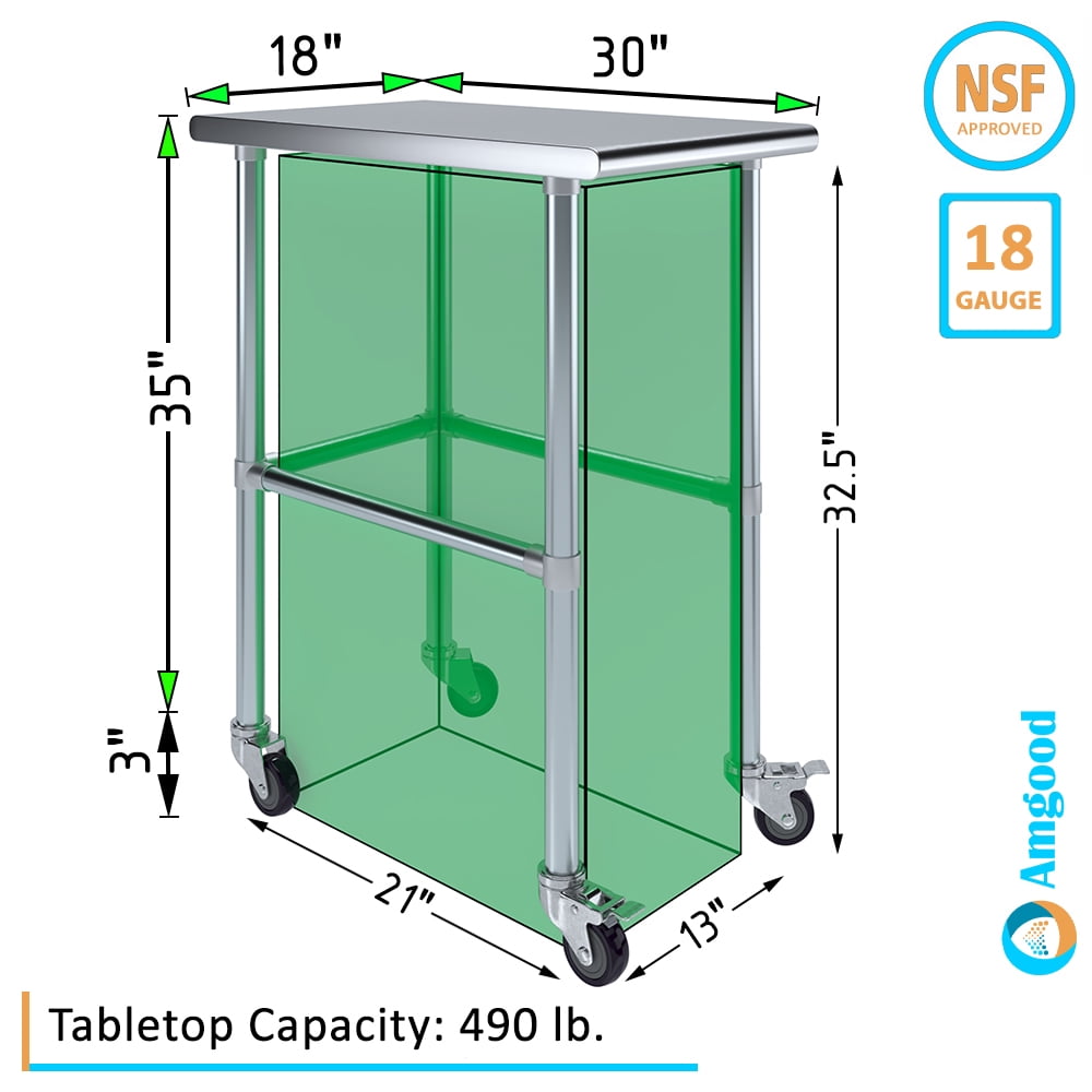 AmGood 36 Long x 30 Deep Stainless-Steel Work Table with Open Base and Wheels, Mobile Metal Table