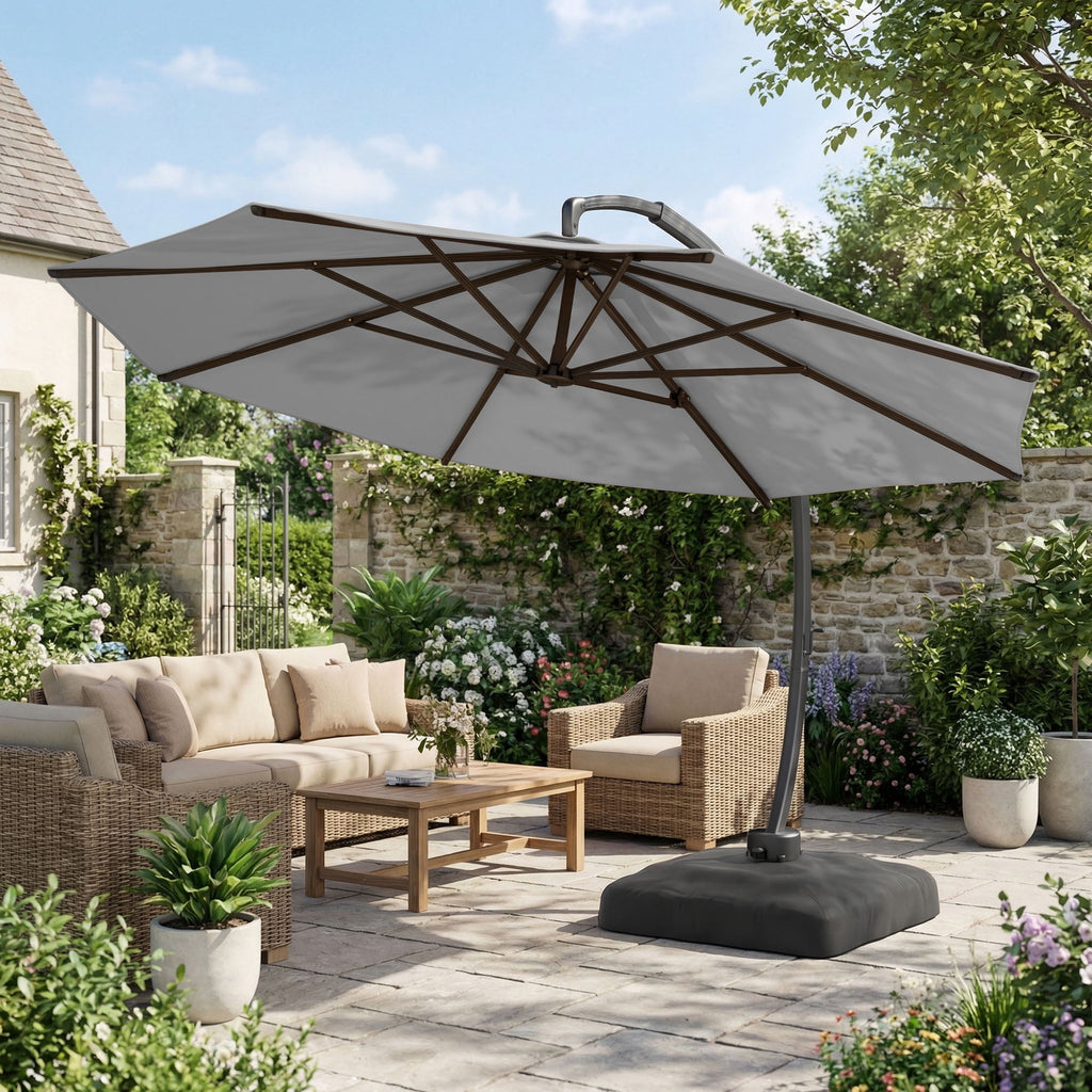 LAZZO 11ft Outdoor Patio Umbrella with Base, Aluminum Offset Cantilever Umbrella for Pool Deck, Champagne