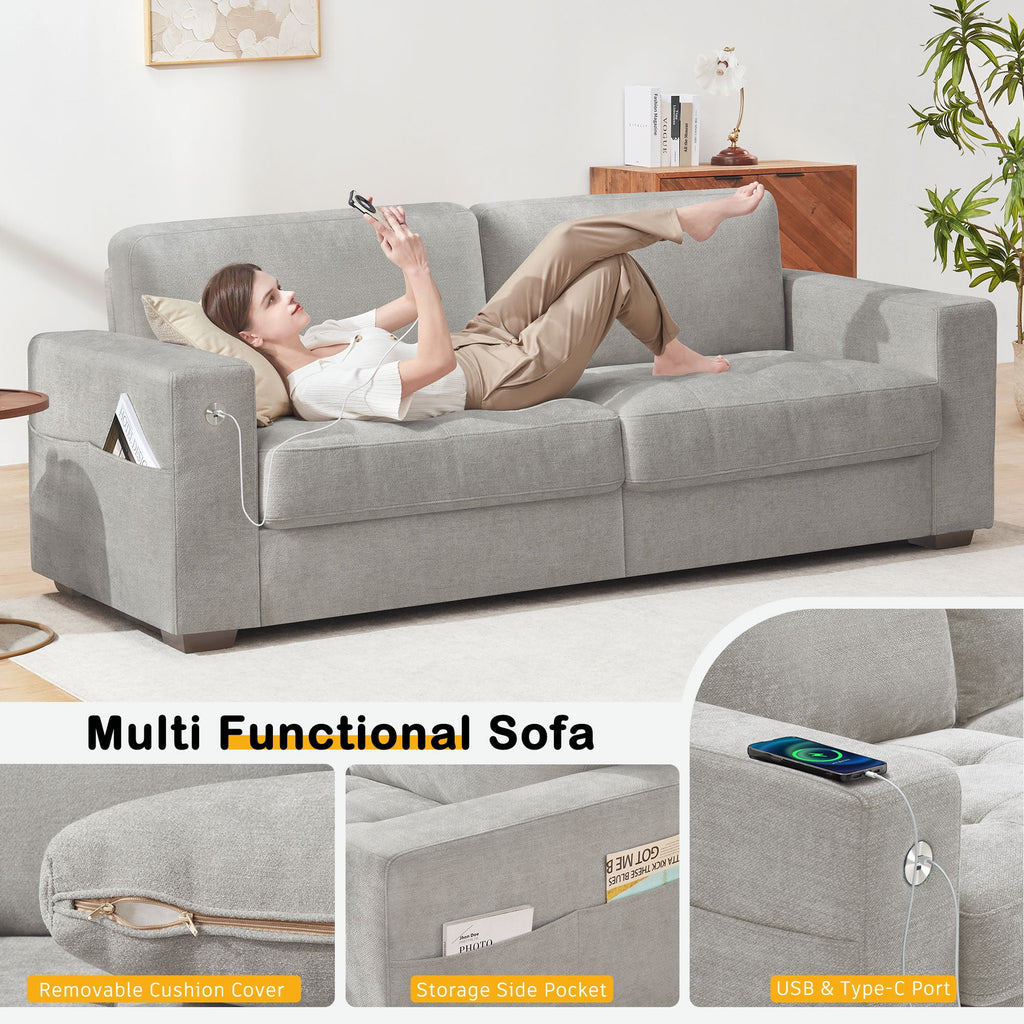Bedluxury 89 Deep Sofa Couch with USB/Type-C Charging, Storage Pocket & Wide Armrest, Removable Cover, Seats 3 Adults, Chenille Beige