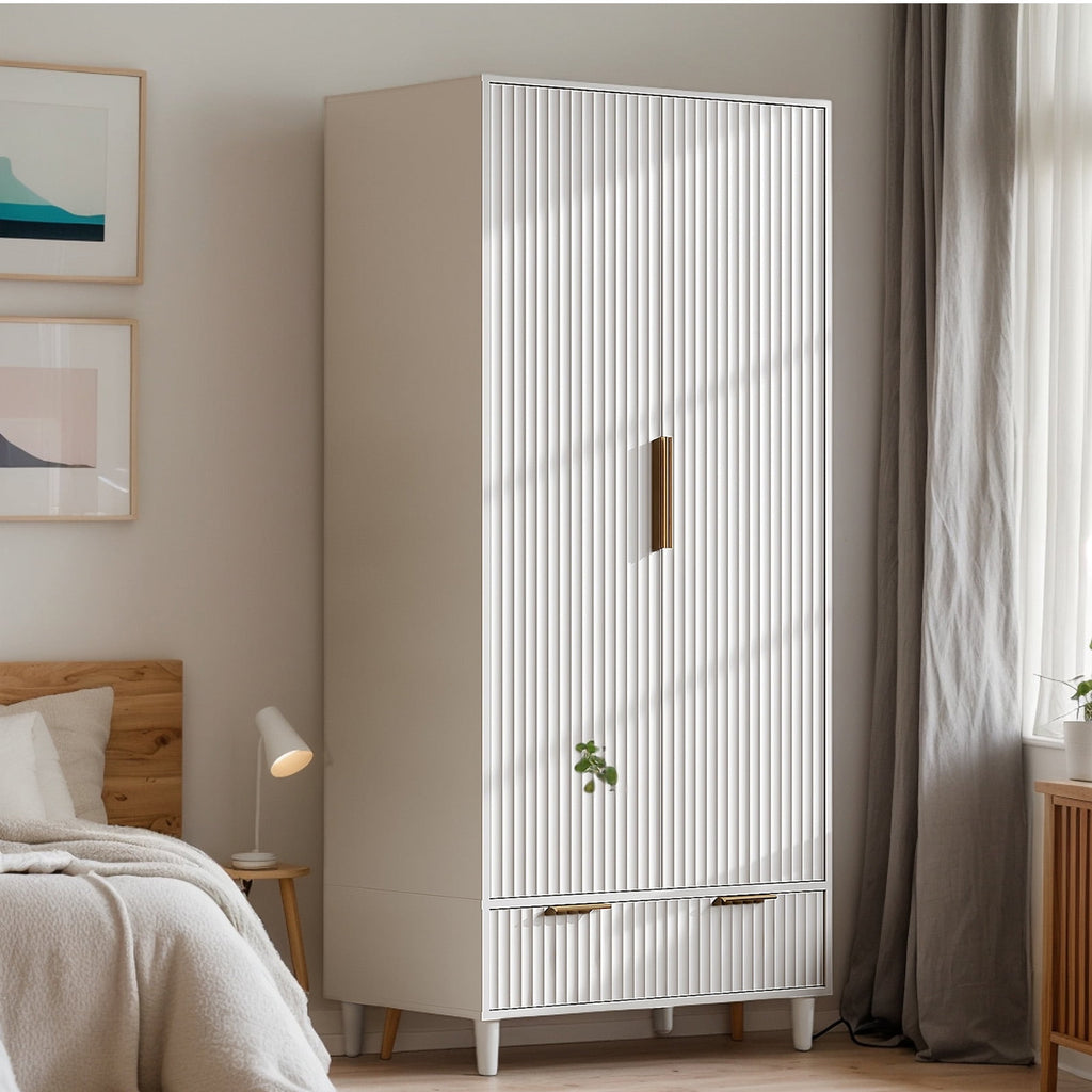 Ktaxon Wardrobe Armoire Closet with Hanging Rod, Modern Drawer & Shelf – Elegant White Finish Closet, Farmhouse to Mid-Century Style