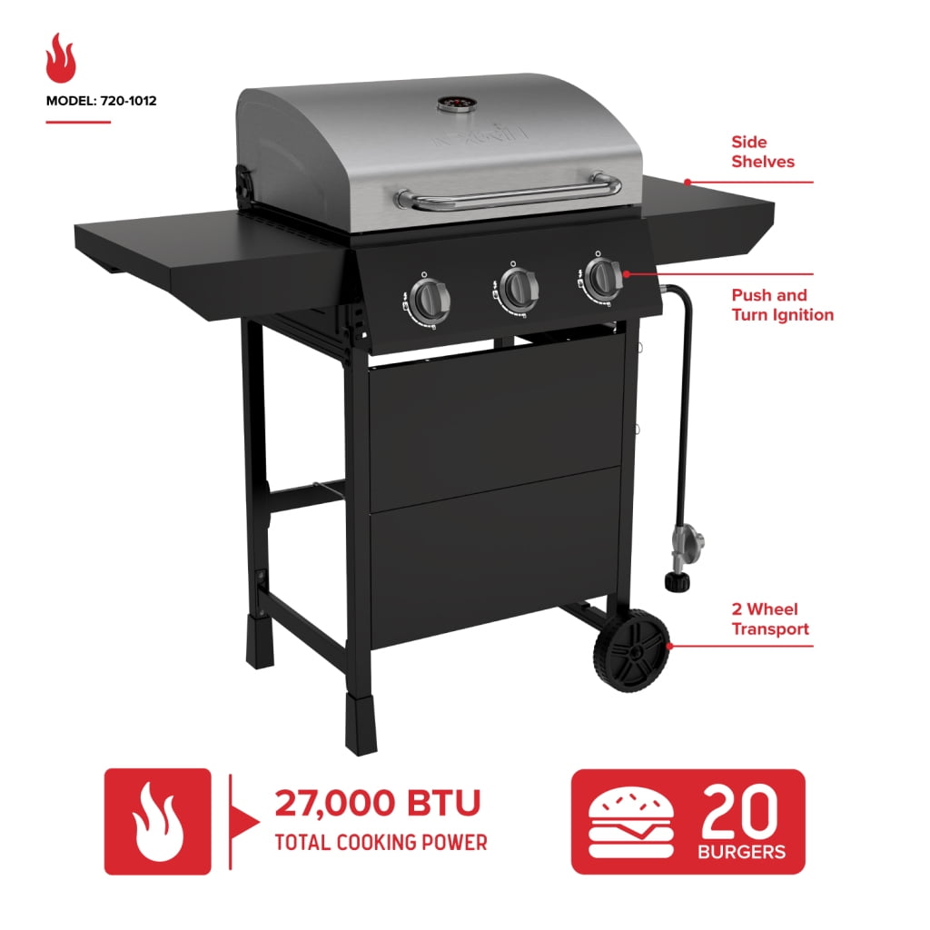 Nexgrill 3-Burner Propane Gas Grill with Side Burner, 52,000BTUs, 418 SQ. In. Cooking Space, BBQ Grill with Durable Steel Lid & Control Panel for Outdoor Cooking, Patios, and More - 720-0925S