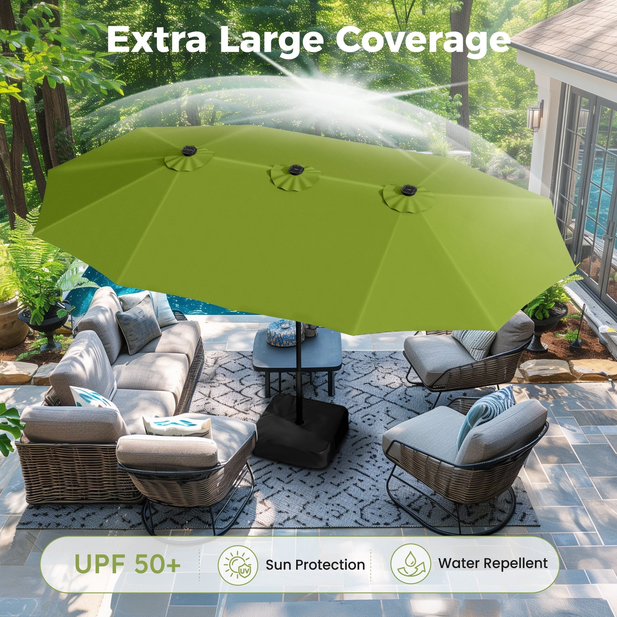 Alpha Joy 15ft Extra Large Outdoor Patio Double-Sided Umbrella with LED Solar Lights & Umbrella Base, Beige