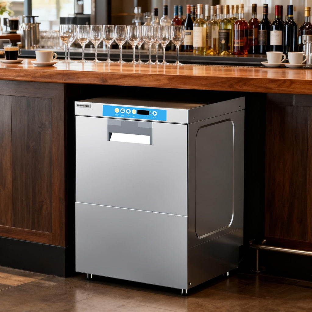 HYBOKITCH Undercounter Commercial Dishwasher/Glasswasher Built-in Booster, Built-in Detergent & Rinse Aid Pumps, Stainless Steel, Up to 40 Racks/Hr, 208~240V