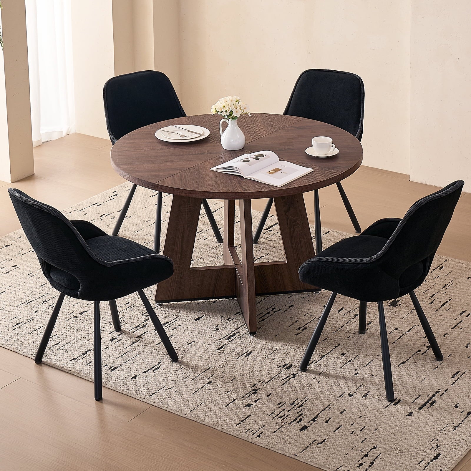 5 Piece 47'' Round Dining Table Chairs Set for 4, Farmhouse Oak Kitchen Table with 4 Boucle Mid Century Modern Dinning Room Chairs, Wood Dinner Table &Upholstered Chair Set of 4, Beige