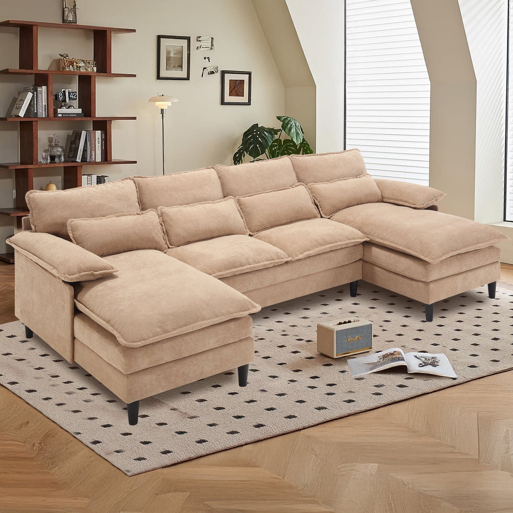 JONPONY109.45 U Shaped Couch,Oversized 4 Seat Sectional with 4 Waist Pillows, Convertible Upholstery Symmetrical Sofá,Sleeper Sofa Couch with Double Chaise Lounge &Memory Foam for Living Room, Beige