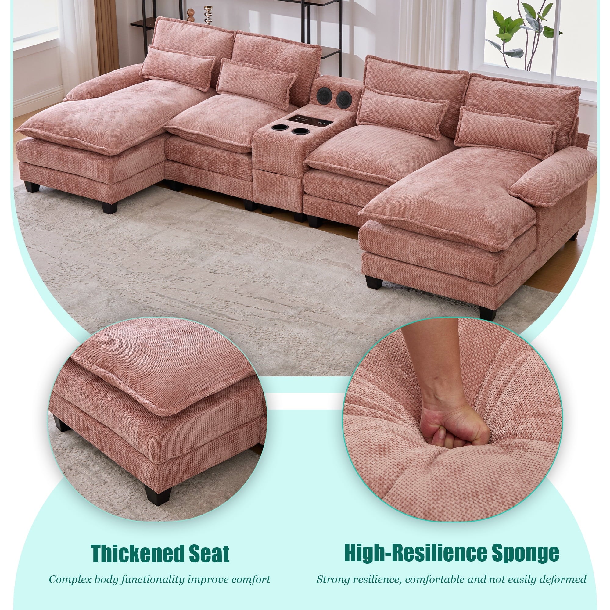Villeston 126.77 U-Shaped Cloud Sofa With Chaise Lounge, Chenille Sofa With Wireless Charging, Bluetooth Speaker, Two Cup Holders, Storage Drawer, Suitable For Living Room,Gray